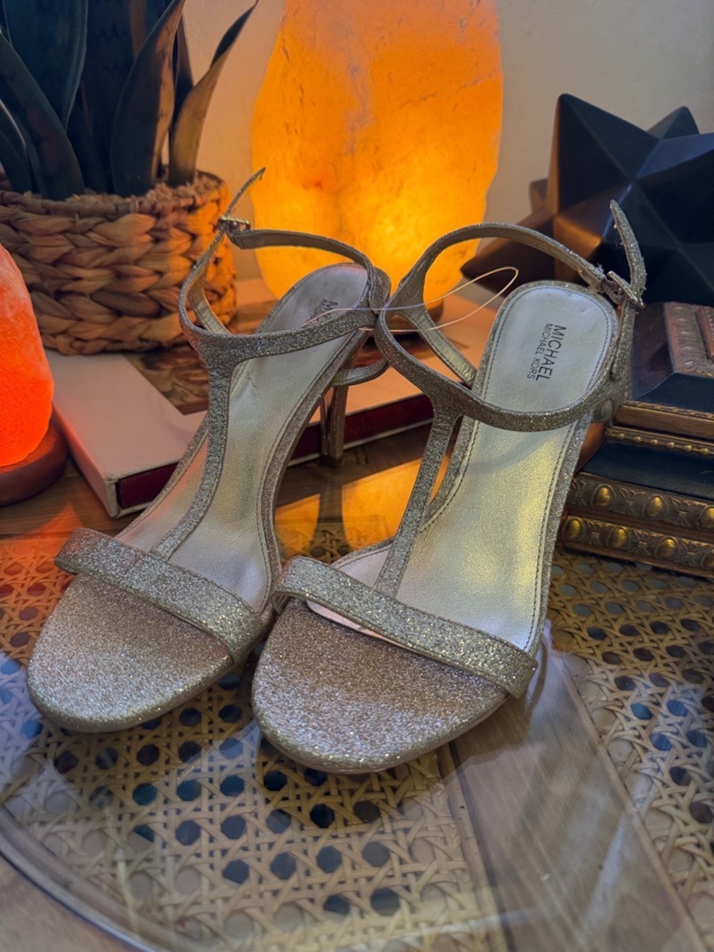 MICHAEL Michael Kors Sparkling Gold T-Strap Heel Sandals